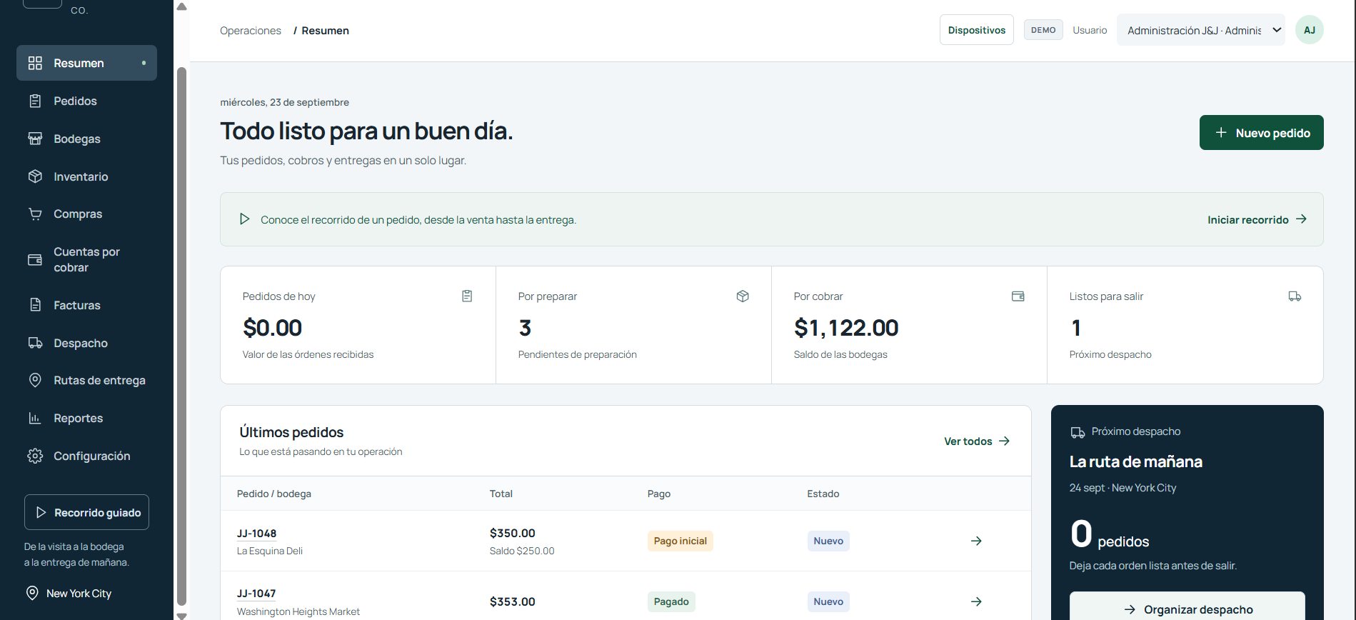 Dashboard de operaciones con pedidos, cobros y rutas de despacho